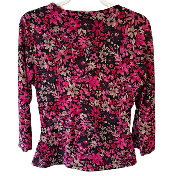 Geoffrey Beene Pink and Black Floral Wrap Blouse Size L Work Office Casual - Picture 2 of 10